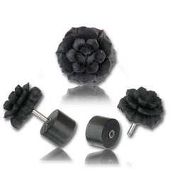 Hand Carved Black Areng Wood Flower Screw On Fake Cheater Plugs Earrings