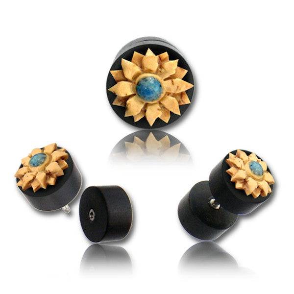 Hand Carved Black Areng Wood with Turquoise Flower Screw On Fake Cheater Plugs Earrings
