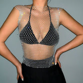 Handmade Bling Rhinestone Fishnet See Through Mesh Crop Top