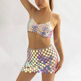 Handmade Colorful Squamous Sequin Disco Skirt Bra Set