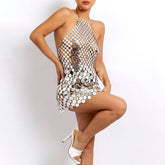 Handmade Gold Silver Tone Glitter Sequins Patchwork Rave Party Mini Dress
