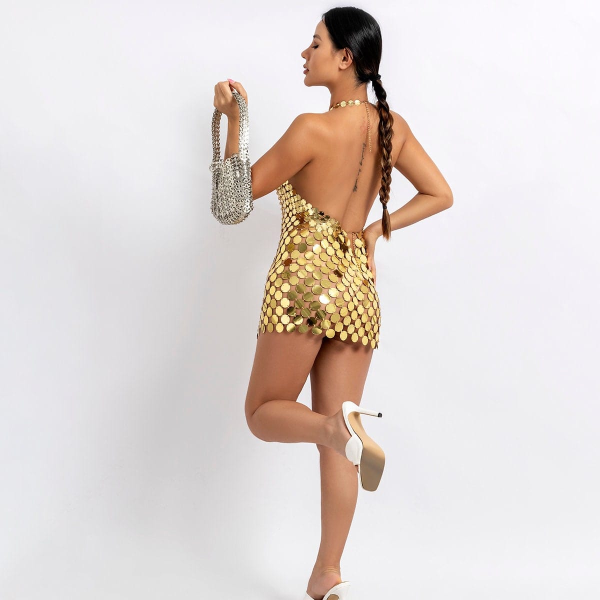 Handmade Gold Silver Tone Glitter Sequins Patchwork Rave Party Mini Dress
