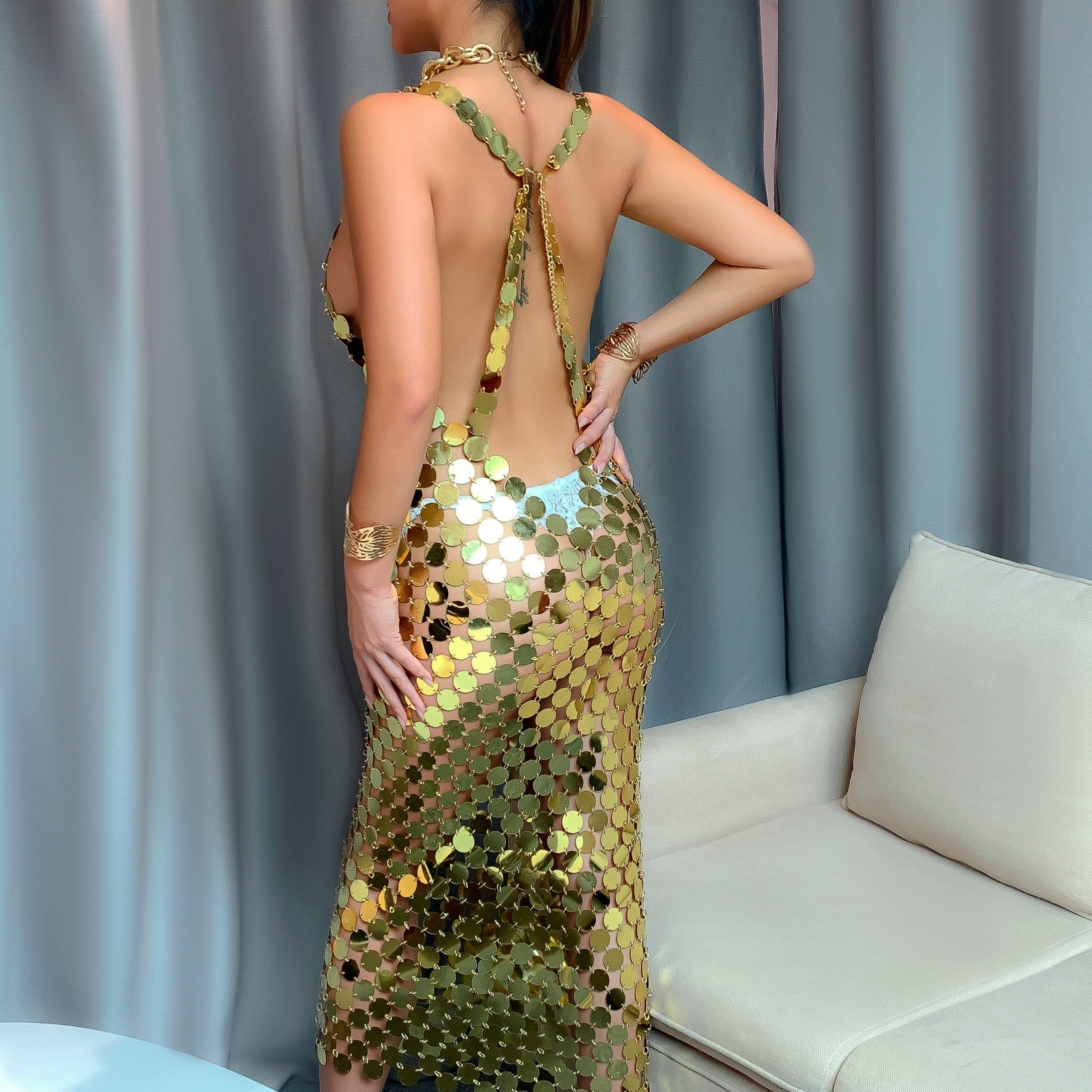 Handmade Gold Silver Tone Glitter Squamous Sequins Patchwork Midi Dress