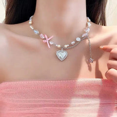 Handmade Heart Locket Pendant Crystal Star Pearl Chain Choker Necklace