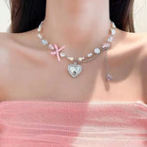 Handmade Heart Locket Pendant Crystal Star Pearl Chain Choker Necklace