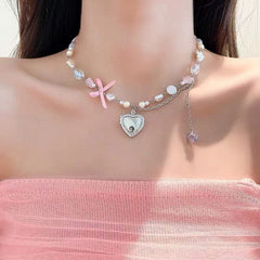 Handmade Heart Locket Pendant Crystal Star Pearl Chain Choker Necklace