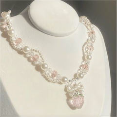 Handmade Pink Crystal Strawberry Pendant Pearl Chain Choker Necklace