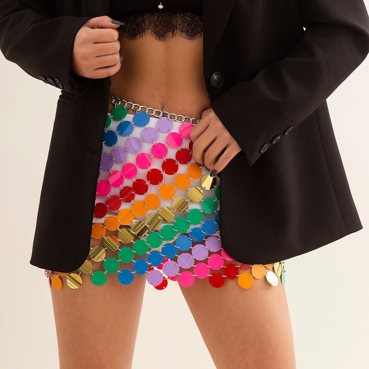 Handmade Rainbow Squamous Glitter Sequins Patchwork Strappy Nightclub Party Skirt