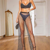 Handmade Rhinestone Fishnet See Through Mesh Loose Trousers