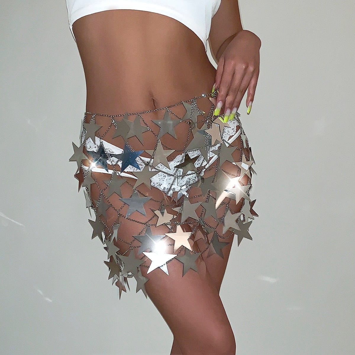 Handmade Squamous Hollow Glitter Star Sequins Strappy Rave Party Skirt