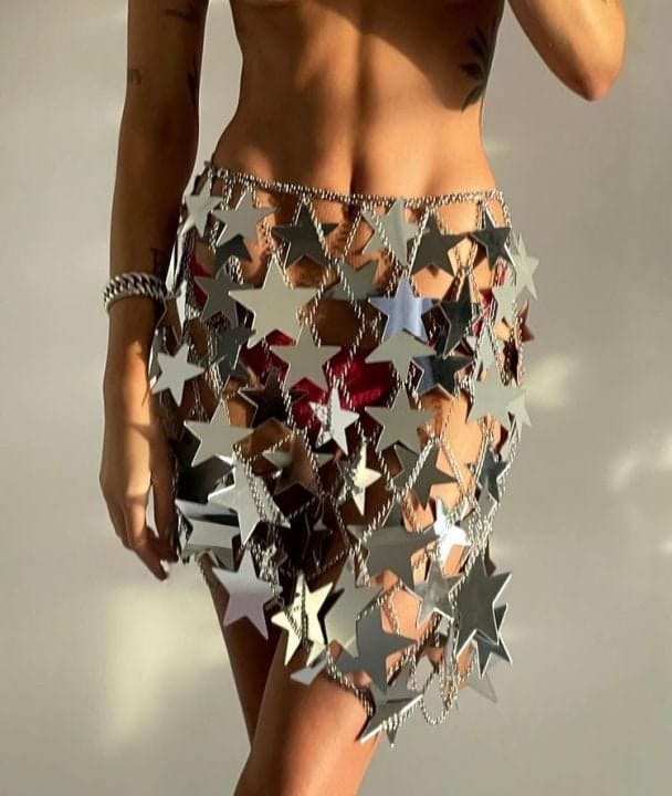 Handmade Squamous Hollow Glitter Star Sequins Strappy Rave Party Skirt