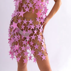 Handmade Squamous Hollow Pink Black Star Sequins Strappy Rave Party Skirt