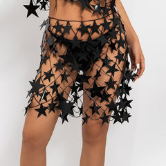 Handmade Squamous Hollow Pink Black Star Sequins Strappy Rave Party Skirt