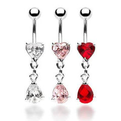 Heart with Heart Teardrop Short CZ Surgical Steel Dangle Belly Button Navel Ring