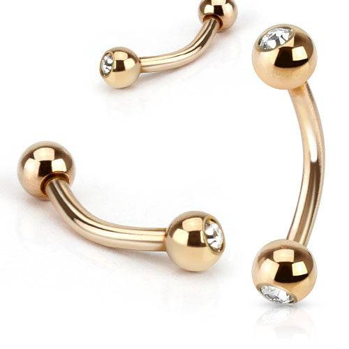 High Polished Rose Gold Plated Surgical Steel Curved Barbell with Gem Ball Ends