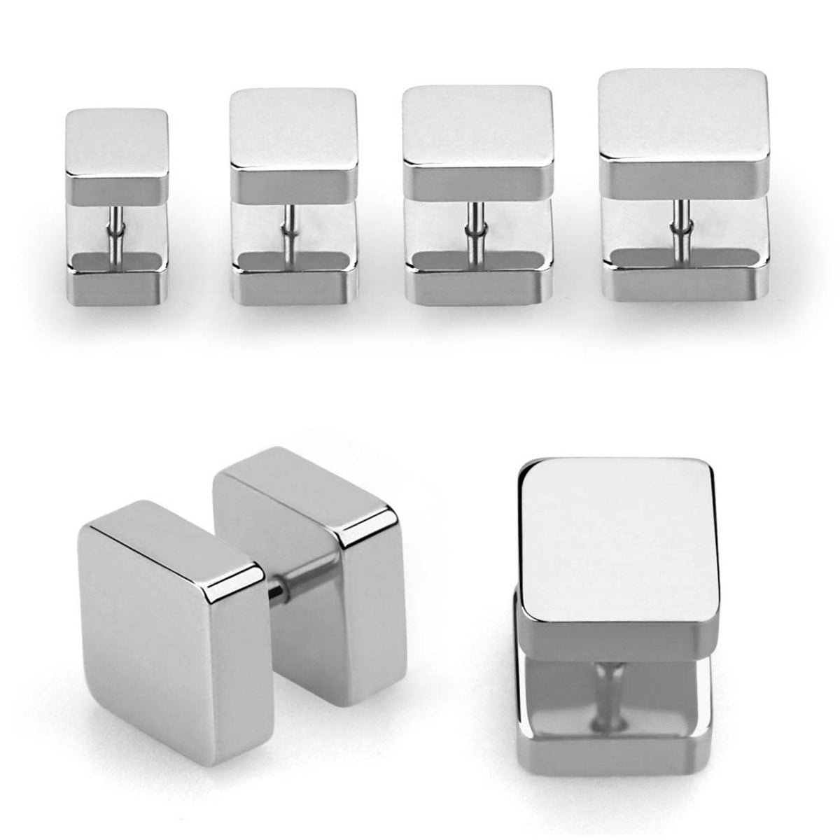 High Polished Surgical Steel Square Screw On Fake Plug Earrings
