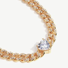 18k Gold Heart Pave Cuban Chain Bracelet