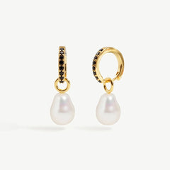 18k Gold Gemstone Freshwater Pearl Charm Hoop Earrings