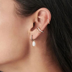 18k Gold Gemstone Freshwater Pearl Charm Hoop Earrings