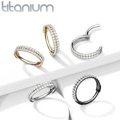 Implant Grade Titanium Black PVD Double Row White CZ Pave Hinged Clicker Hoop