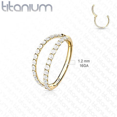Implant Grade Titanium Gold PVD Pave White CZ Double Hoop Hinged Hoop Ring Clicker