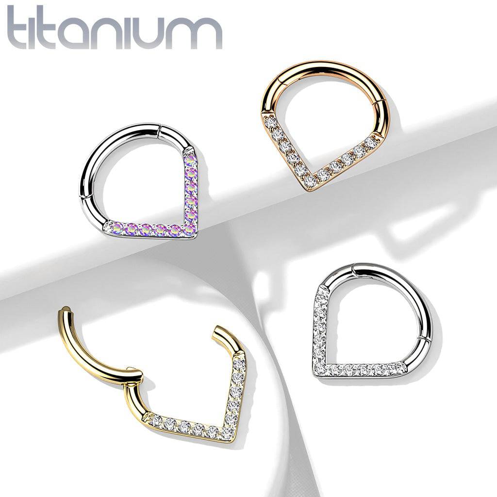 Implant Grade Titanium Gold PVD V Shaped Septum Ring Clicker Hoop White CZ Gems