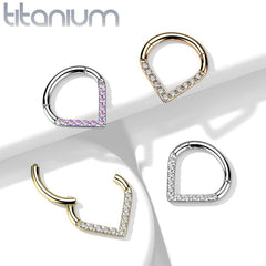 Implant Grade Titanium Gold PVD V Shaped Septum Ring Clicker Hoop White CZ Gems