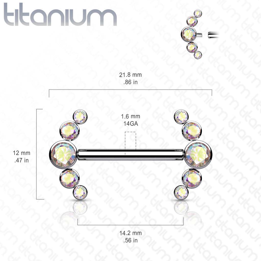 Implant Grade Titanium Internally Threaded Aurora Borealis 5 Bezel CZ Gem Nipple Ring