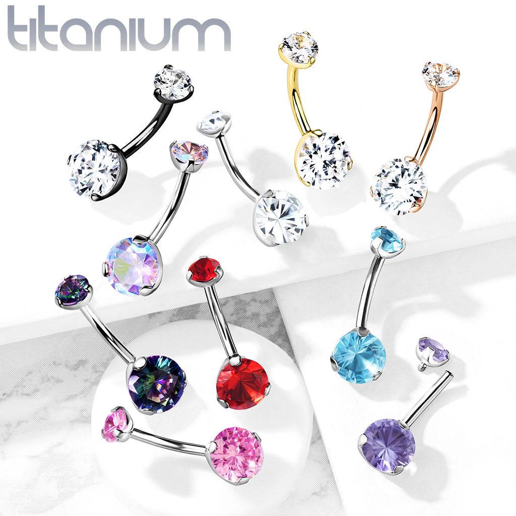 Implant Grade Titanium Internally Threaded Gold PVD White CZ Prong Belly Button Navel Ring