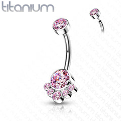 Implant Grade Titanium Internally Threaded Pink CZ Bezel Cluster Belly Ring