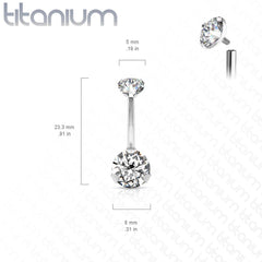 Implant Grade Titanium Internally Threaded White CZ Prong Belly Button Navel Ring