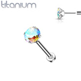 Implant Grade Titanium Threadless Push In Flat Back Aurora Borealis Prong CZ Nose Ring Stud