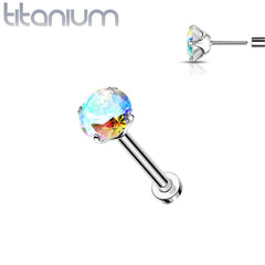 Implant Grade Titanium Threadless Push In Flat Back Aurora Borealis Prong CZ Nose Ring Stud