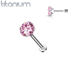 Implant Grade Titanium Threadless Push In Flat Back Pink Prong CZ Nose Ring Stud