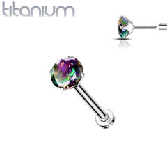 Implant Grade Titanium Threadless Push In Flat Back Vitrail Medium Prong CZ Nose Ring Stud