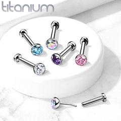 Implant Grade Titanium Threadless Push In Nose Ring Bezel Vitrail Medium CZ With Flat Back