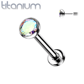 Implant Grade Titanium Threadless Push In Tragus/Cartilage Bezel Aurora Borealis CZ With Flat Back