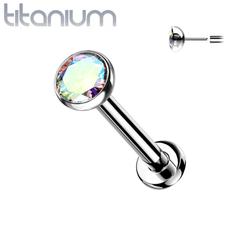 Implant Grade Titanium Threadless Push In Tragus/Cartilage Bezel Aurora Borealis CZ With Flat Back