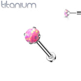 Implant Grade Titanium Threadless Push In Tragus/Cartilage Clawed Pink Opal Stone With Flat Back