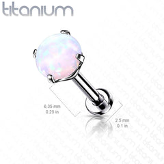 Implant Grade Titanium Threadless Push In Tragus/Cartilage Clawed White Opal Stone With Flat Back