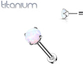 Implant Grade Titanium Threadless Push In Tragus/Cartilage Clawed White Opal Stone With Flat Back