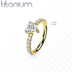 Implant Grade Titanium White CZ With Heart Shaped Center Hinged Clicker Hoop