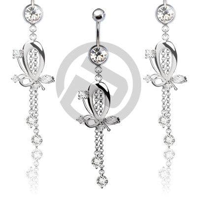 Large Clear CZ Butterfly with Chain Dangle Belly Button Navel Ring
