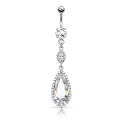 Large White CZ Teardrop Chandelier Dangling Belly Button Navel Ring