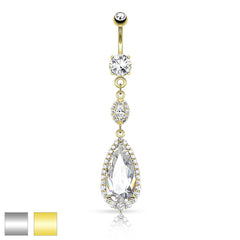 Large White CZ Teardrop Chandelier Dangling Belly Button Navel Ring