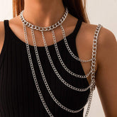 Layered Gold Silver Tone Curb Link Chain Tassel Shoulder Necklace