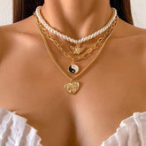 Layered Relief Heart Angel Wings Yin Yang Round Disk Pendant Curb Link Pearl Chain Choker Necklace Set