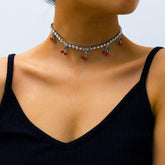Minimalist Gold Silver Tone Crystal Inlaid Cherry Pendant Choker Necklace