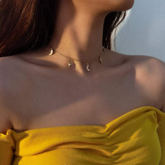 Minimalist Gold Silver Tone Sun and Moon Celestial Crystal Necklace