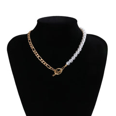 Minimalist Gold Silver Tone Toggle Clasp Pearl Chain Choker Necklace